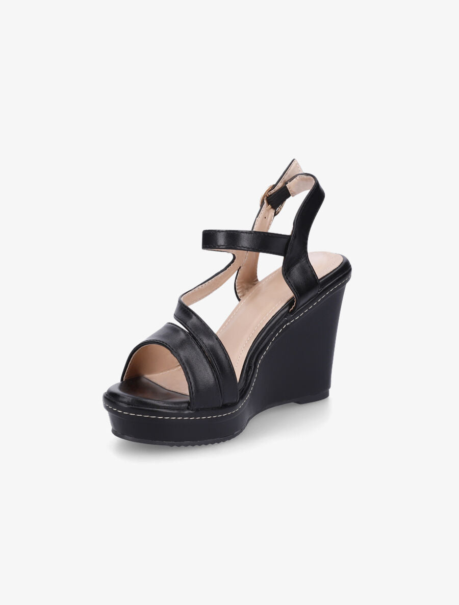 Sandales compensées en simili à bride stylisée - Noir - 3