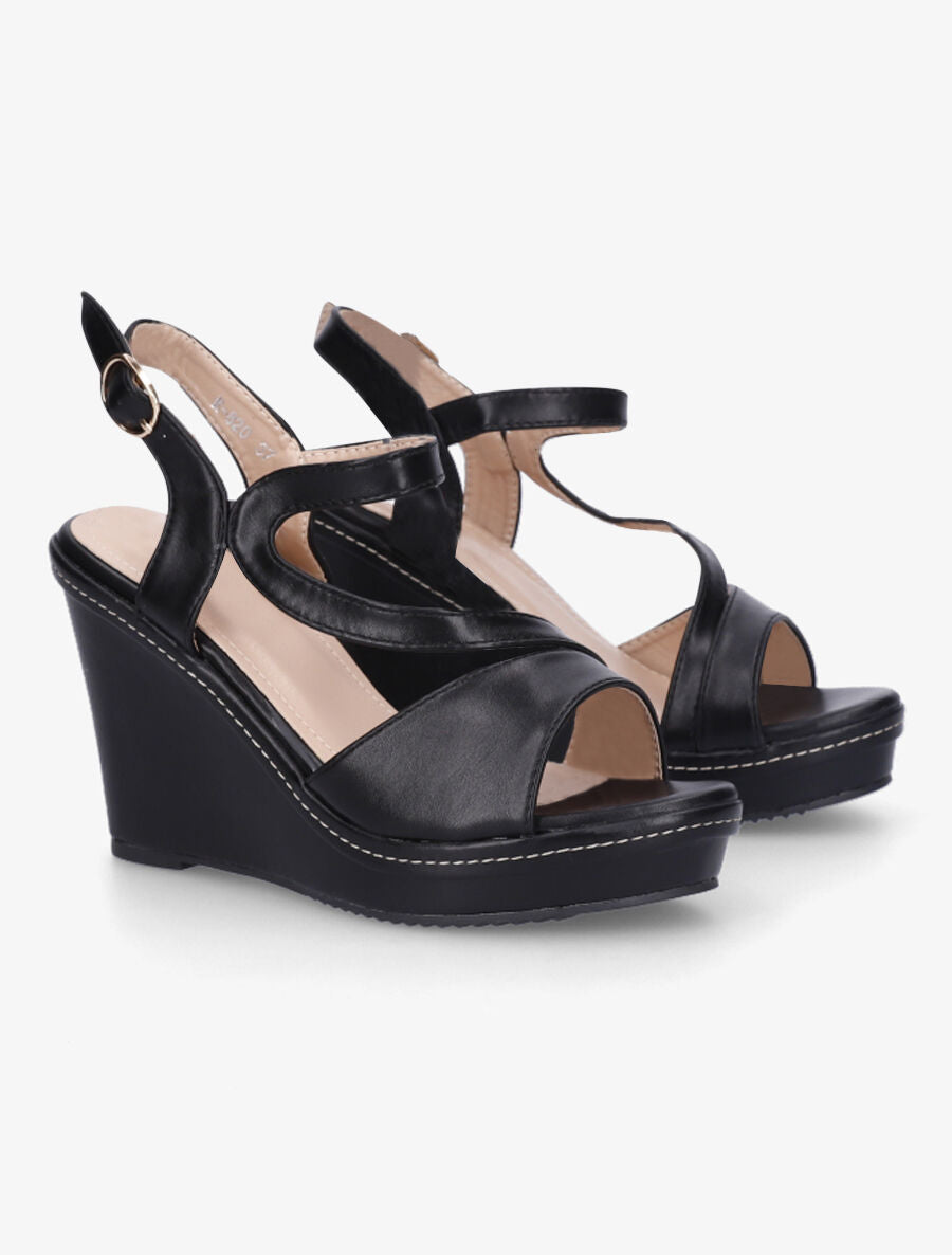 Sandales compensées en simili à bride stylisée - Noir - 4