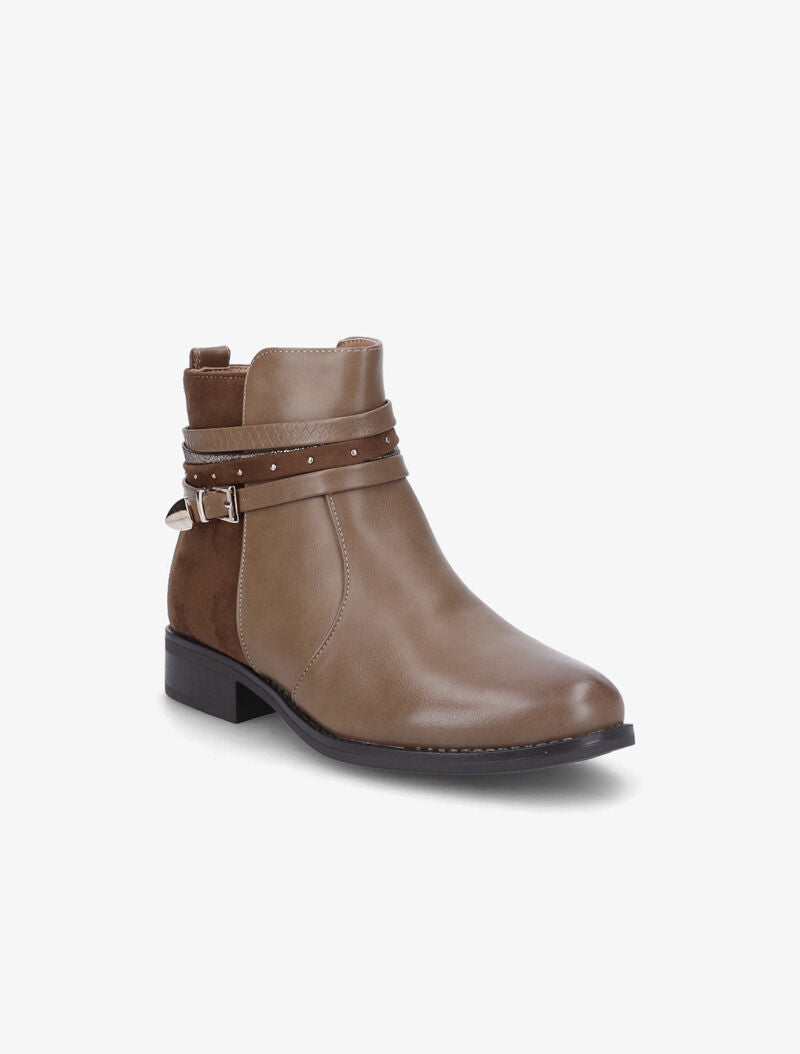 Bottines plates en simili et suédine - Marron - 3