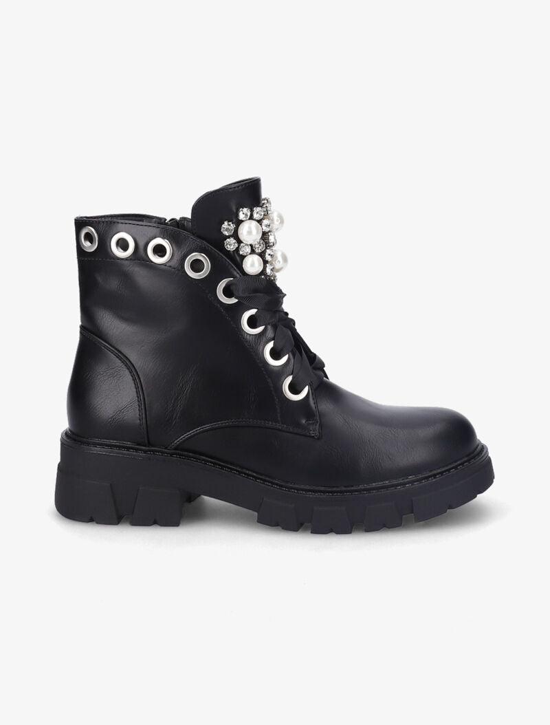 Bottines à languette à perles et strass - Noir - 2