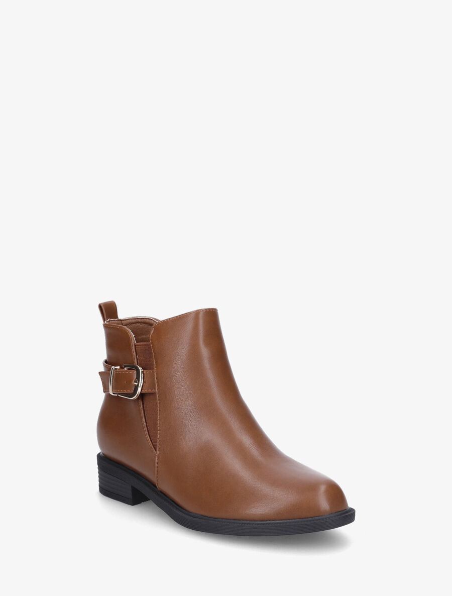 Bottines plates en simili et sanglées - Camel - 2