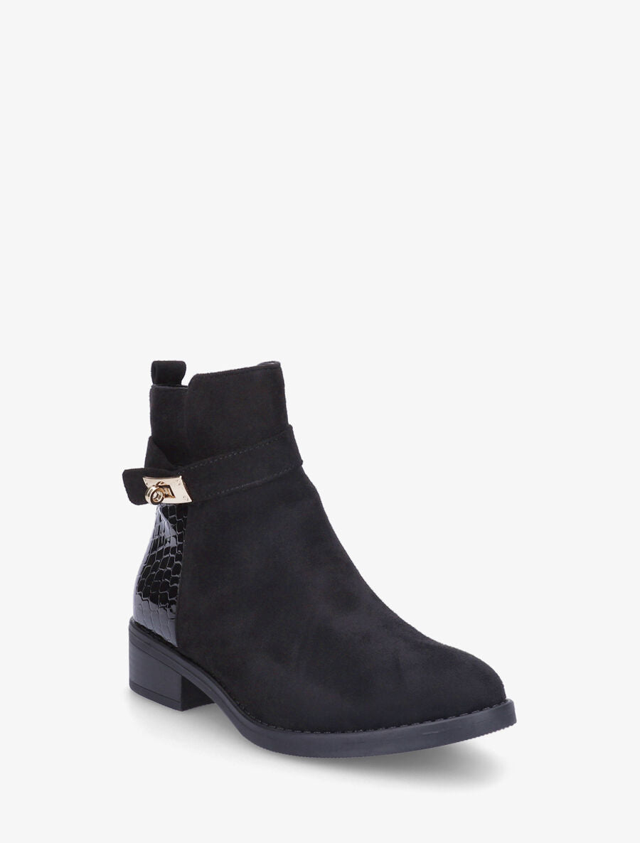 Bottines plates en suédine et croco - Noir - 2