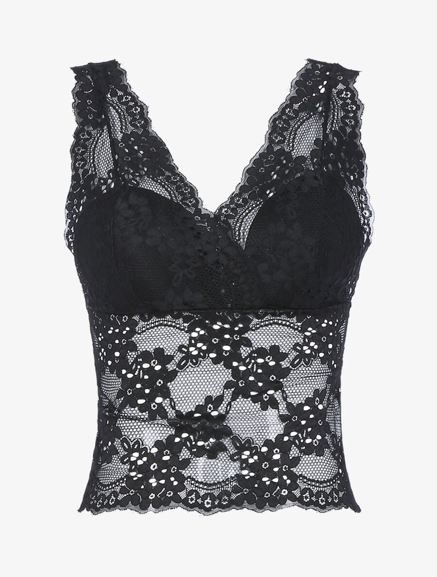 Crop top en dentelle festonnée - Noir - 1