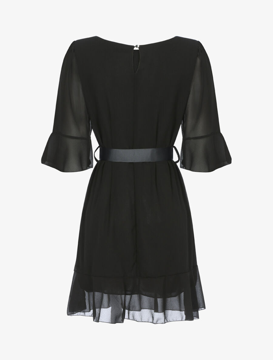Robe volantée à ceinture contrastante - Noir - 2