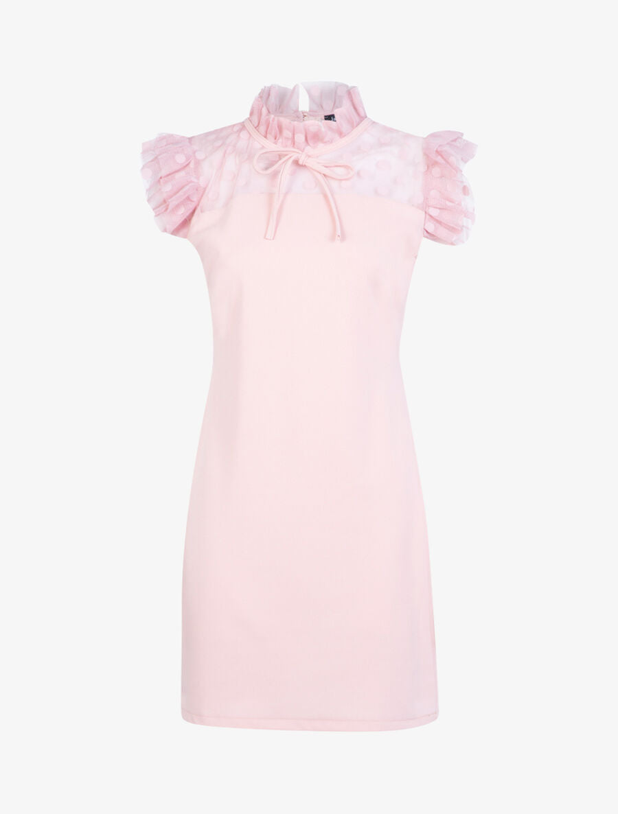 Robe à détails tulle ajourée à pois - Rose - 1