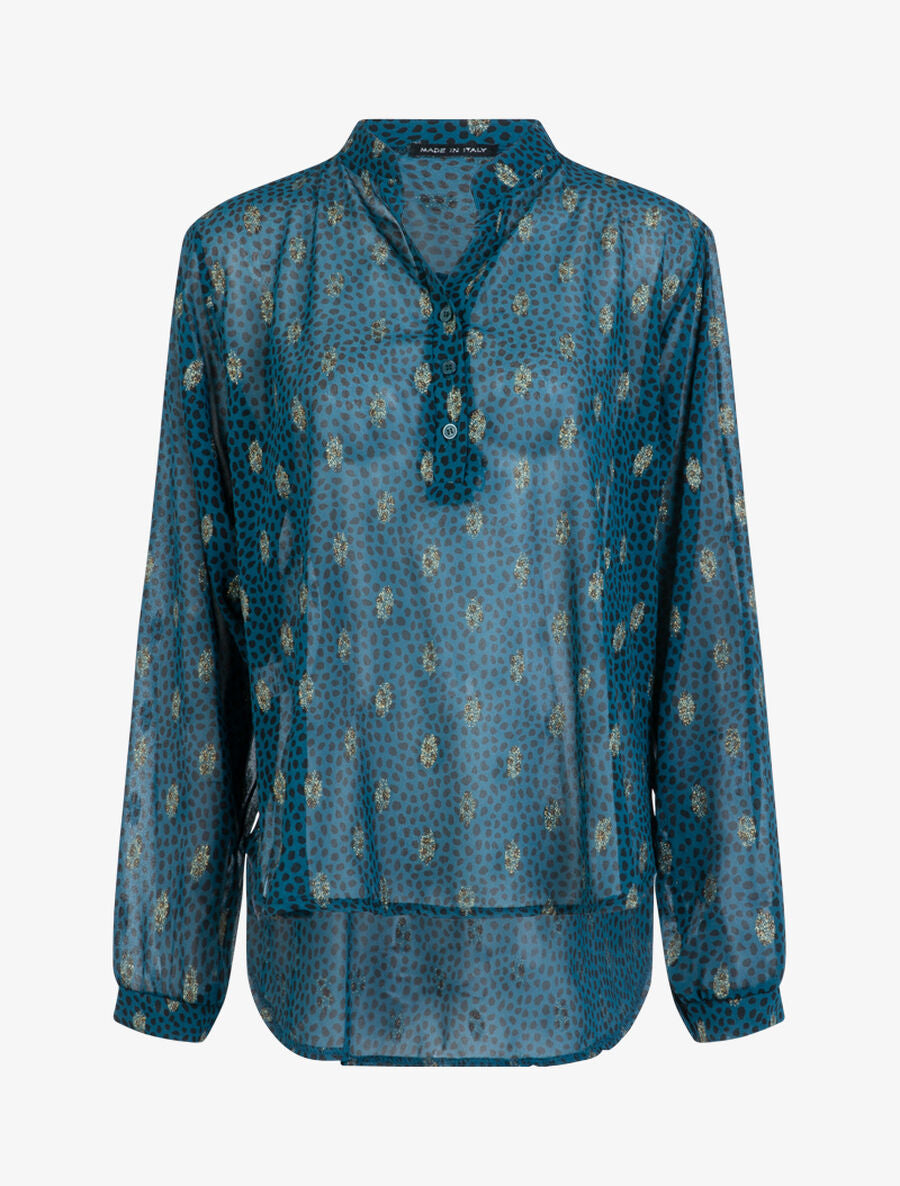 Blouse en voile à imprimé tacheté et feuilles - Bleu pétrole - 1