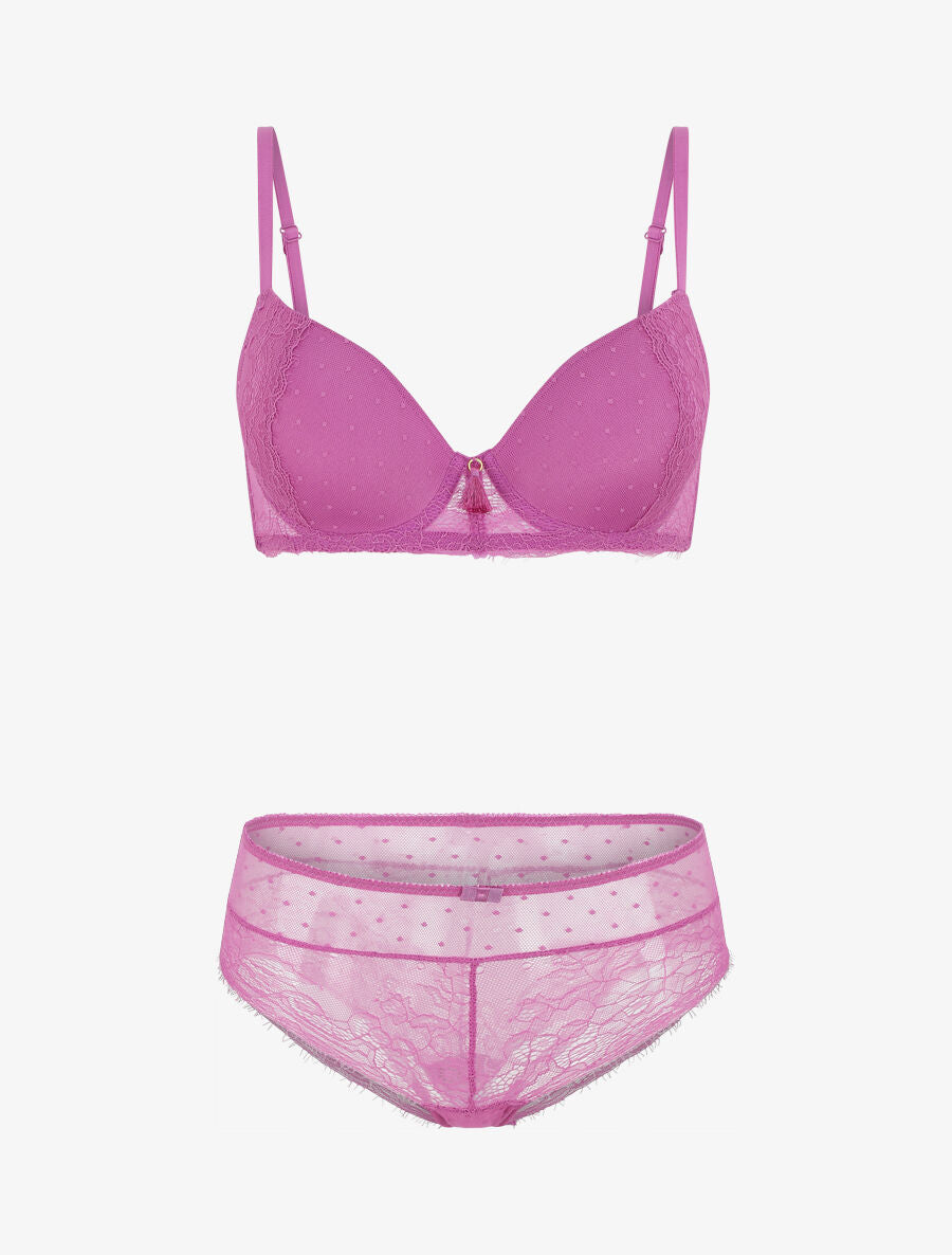Ensemble push up à pois en dentelle - Mauve - 2