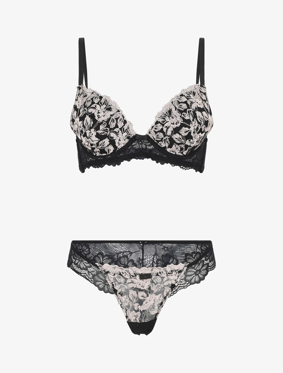 Ensemble push up bande en dentelle à motif fleurs - Or - 1