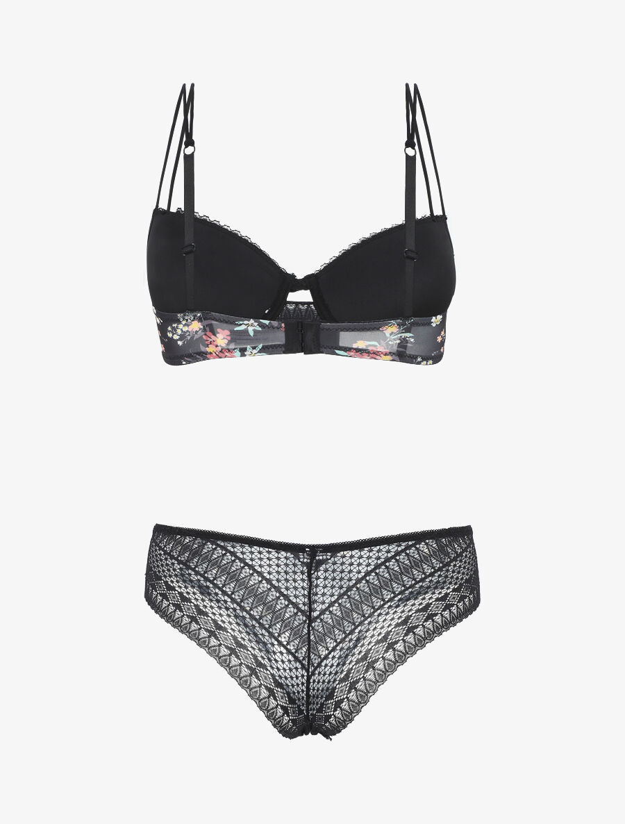 Ensemble push up imprimé fleuri et dentelle - Noir - 2