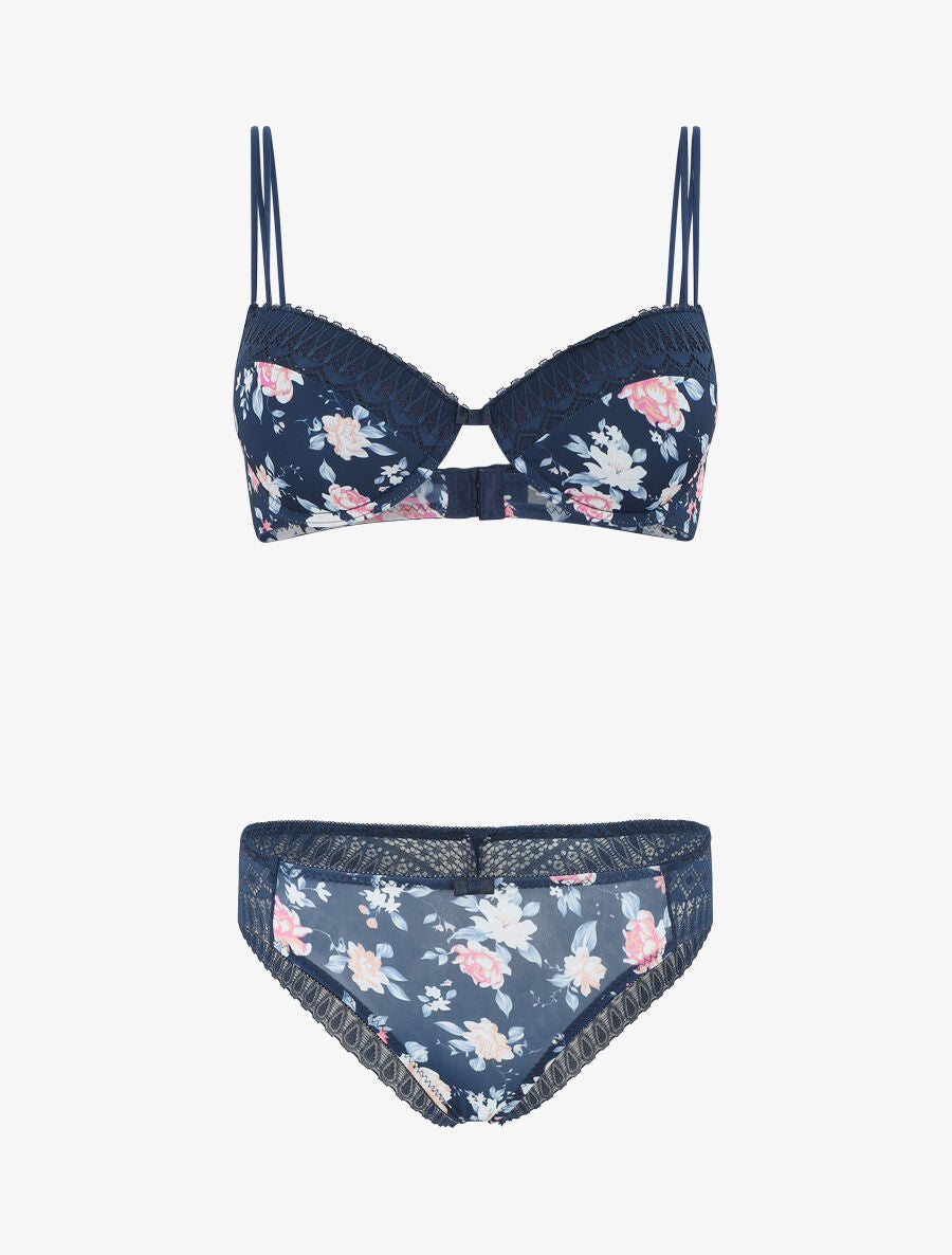 Ensemble push up imprimé fleuri et dentelle - Marine - 5