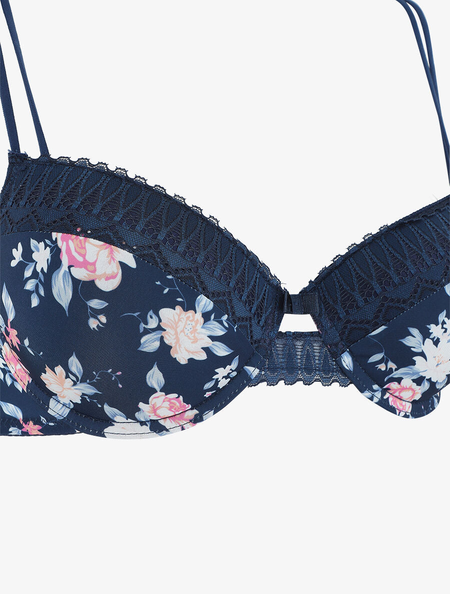 Ensemble push up imprimé fleuri et dentelle - Marine - 4