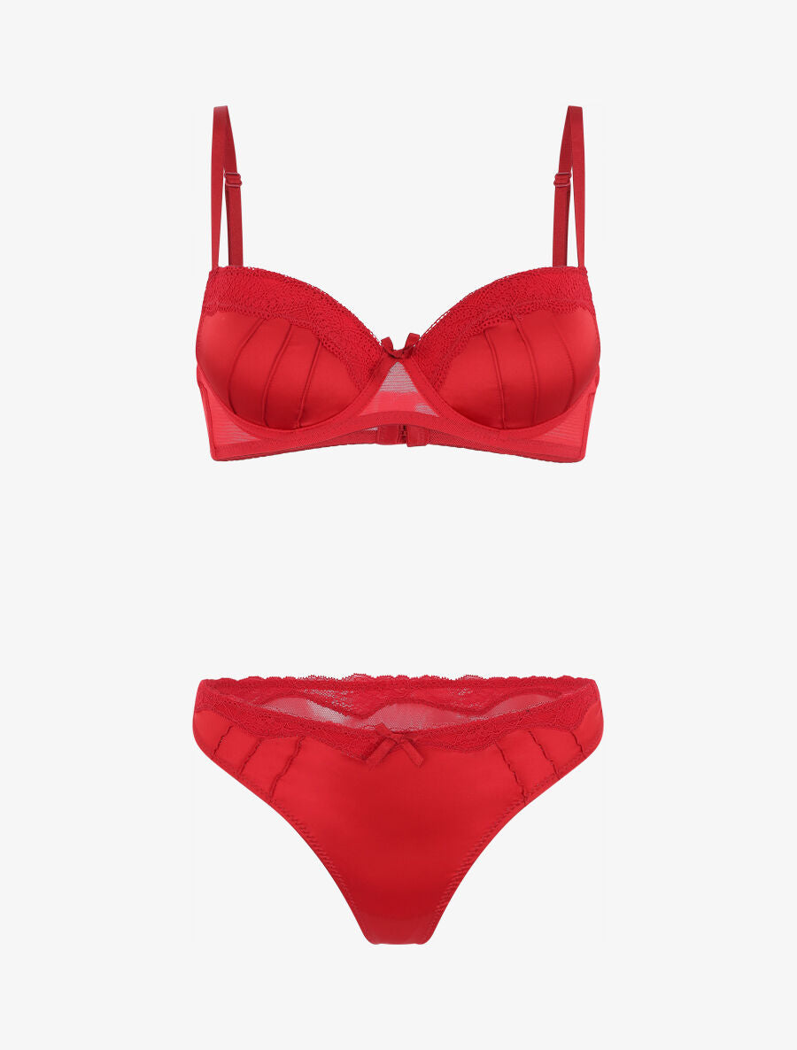 Ensemble push up en dentelle effet satiné - Rouge - 2