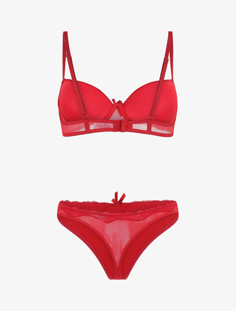 Ensemble push up en dentelle effet satiné - Rouge - 3