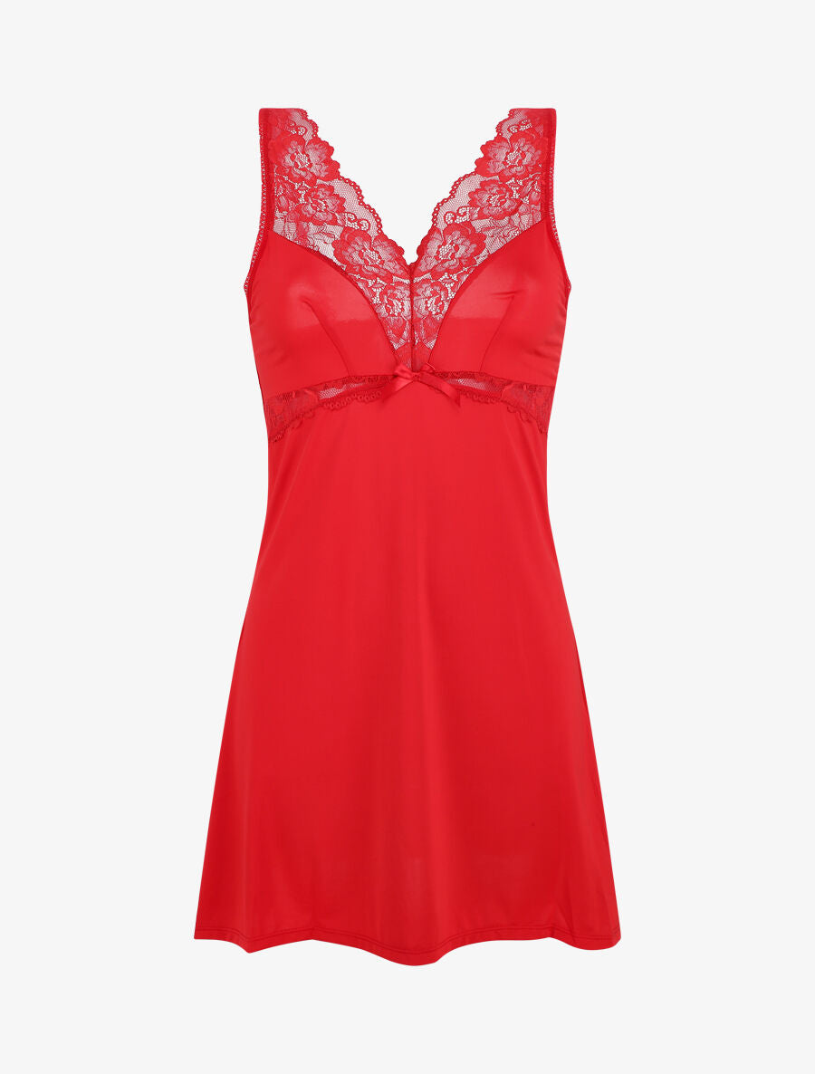 Robe nuisette à col en dentelle - Rouge - 1