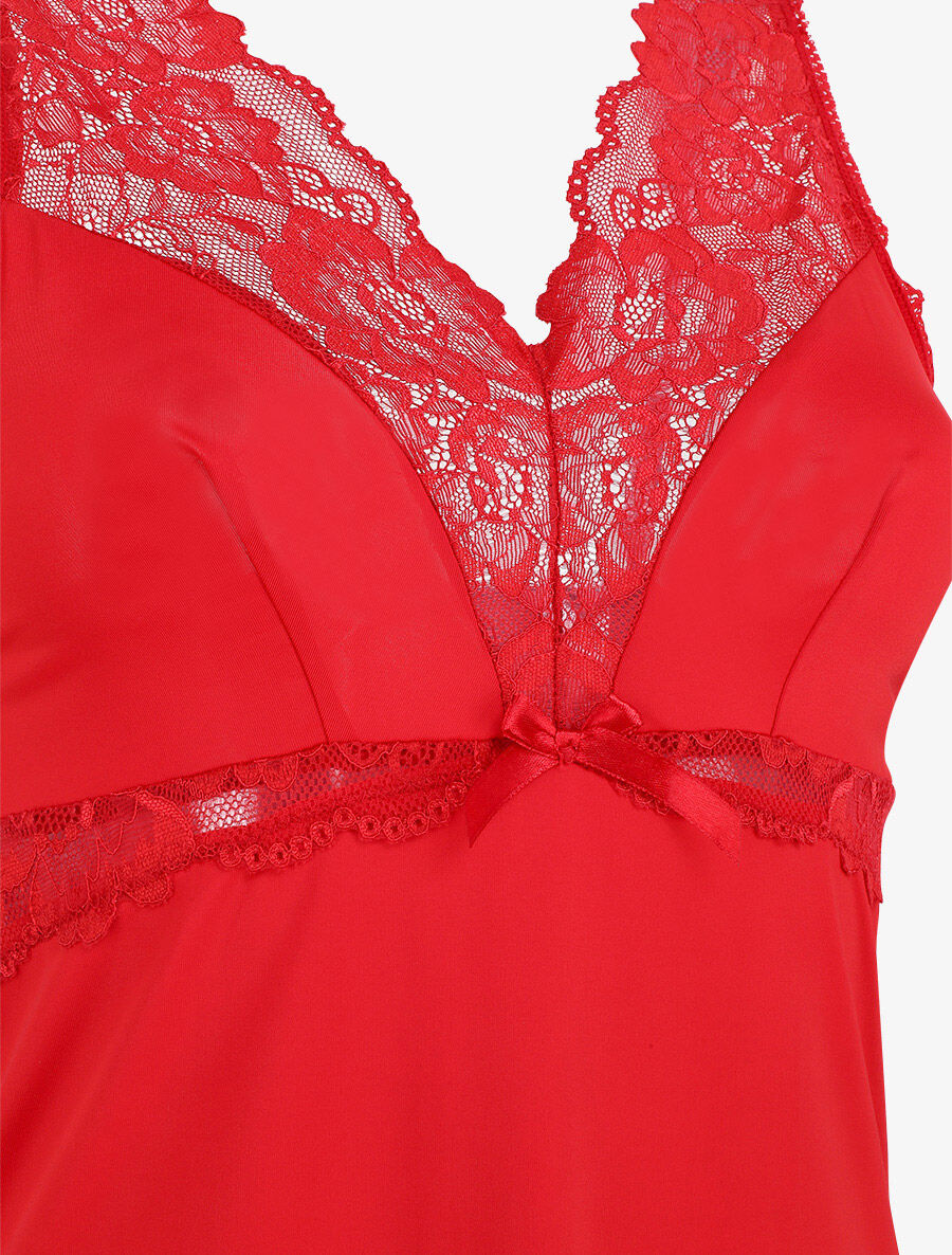 Robe nuisette à col en dentelle - Rouge - 3