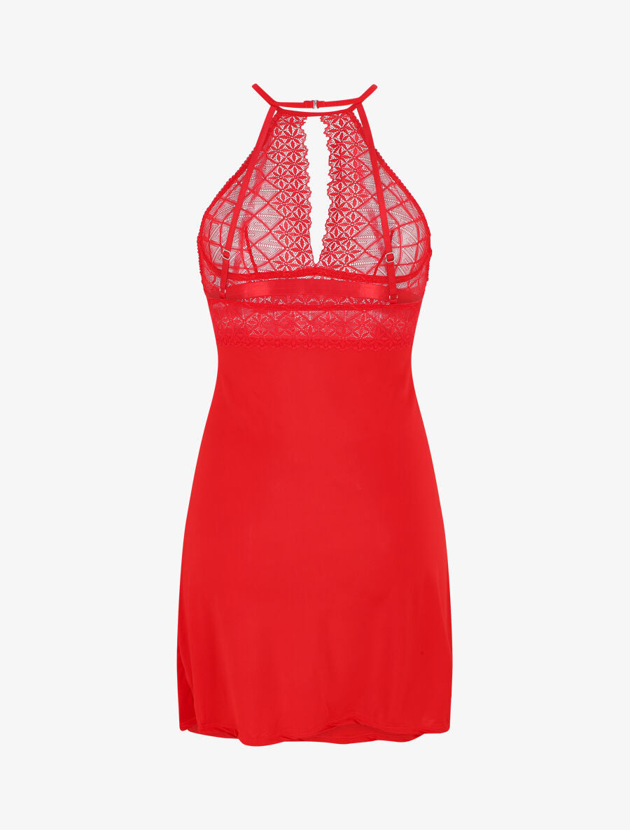 Robe nuisette à dos nu et haut en dentelle ajouré - Rouge - 3