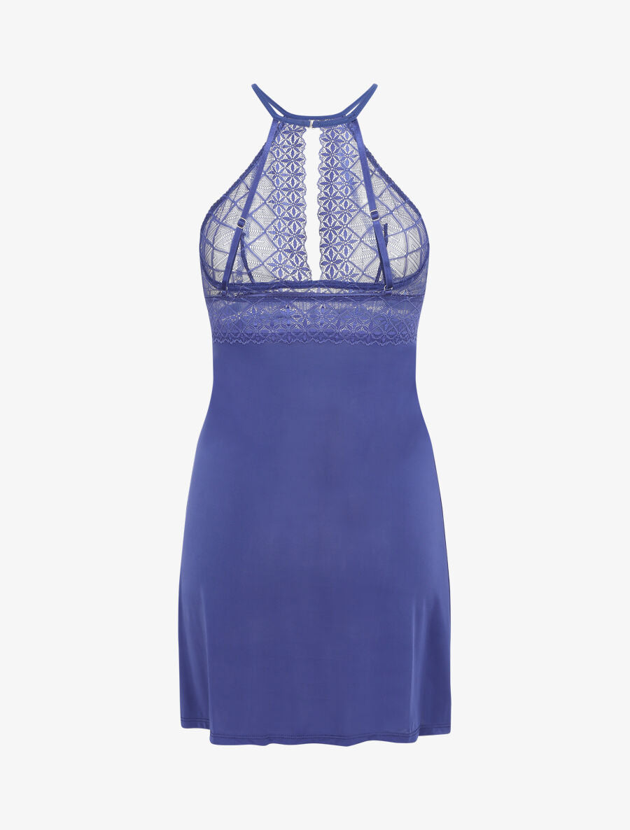 Robe nuisette à dos nu et haut en dentelle ajouré - Marine - 2