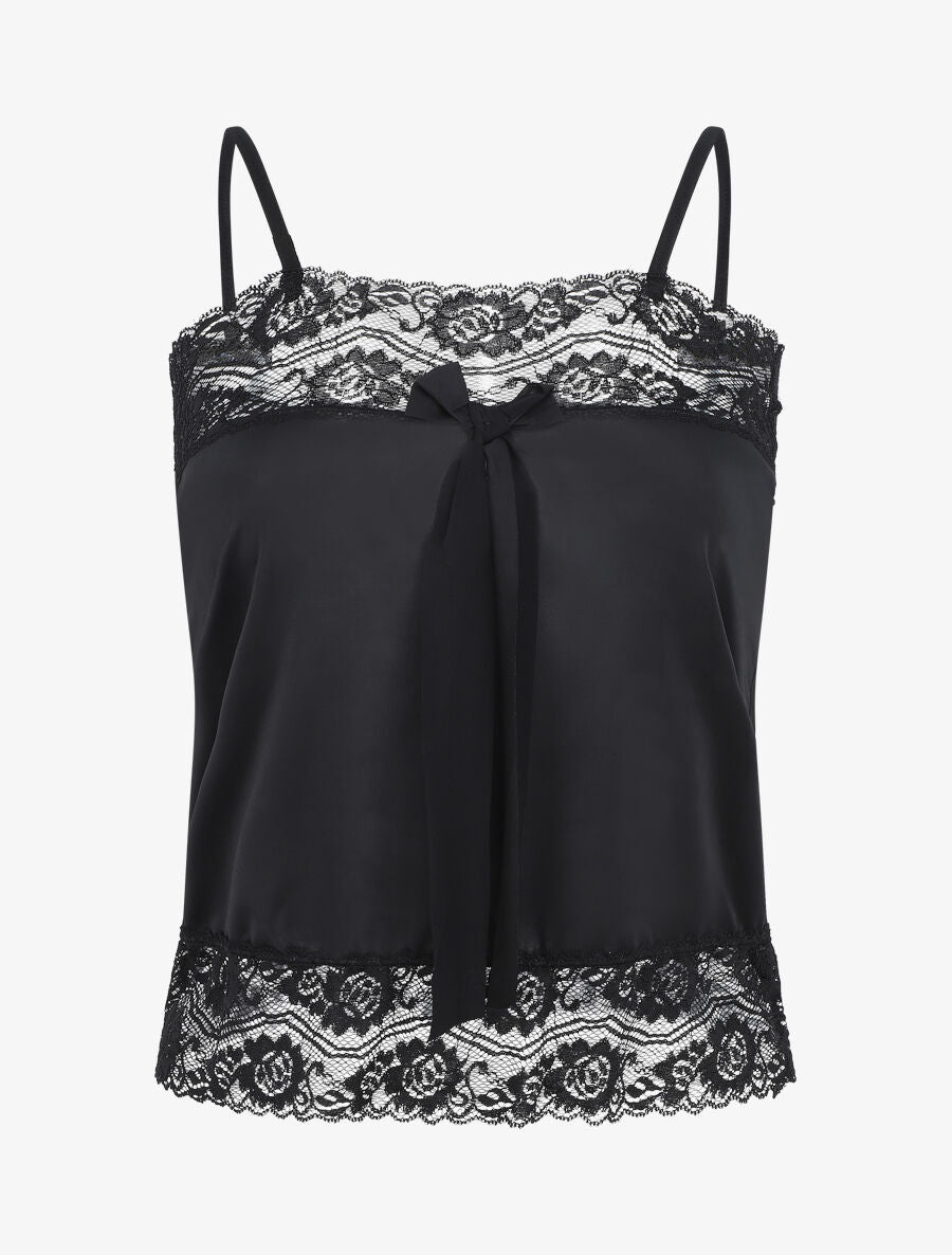 Ensemble pyjama à détail dentelle et noeud - Noir - 1