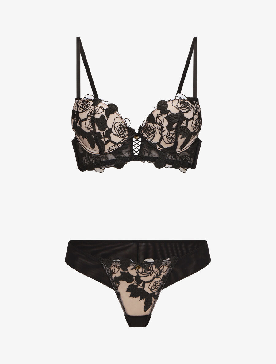 Ensemble lingerie en dentelle motif roses - Noir - 1