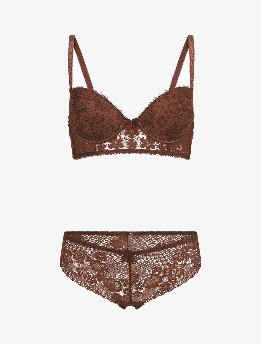 Ensemble push up et culotte en dentelle - Marron - 1