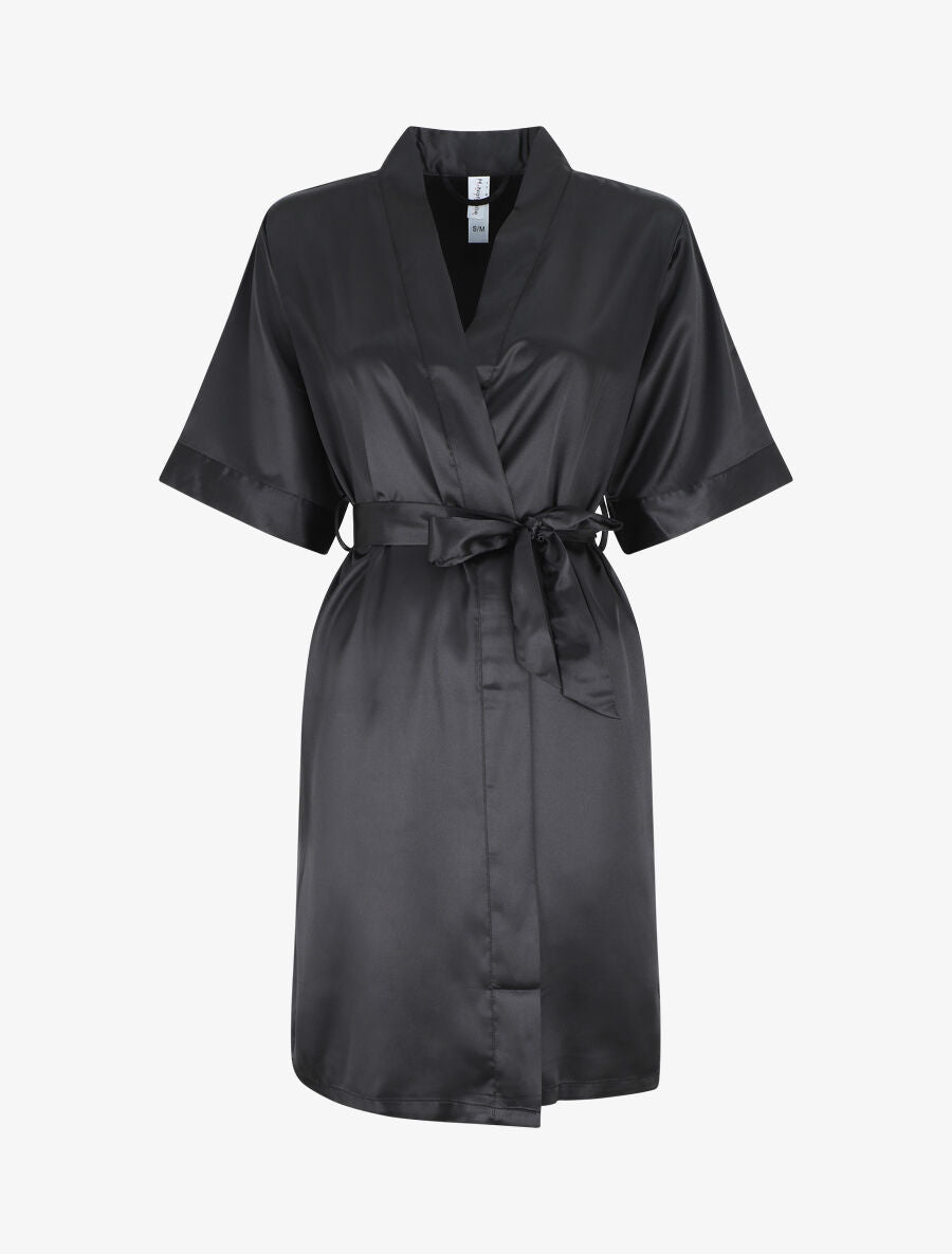 Ensemble kimono et nuisette satinés - Noir - 1