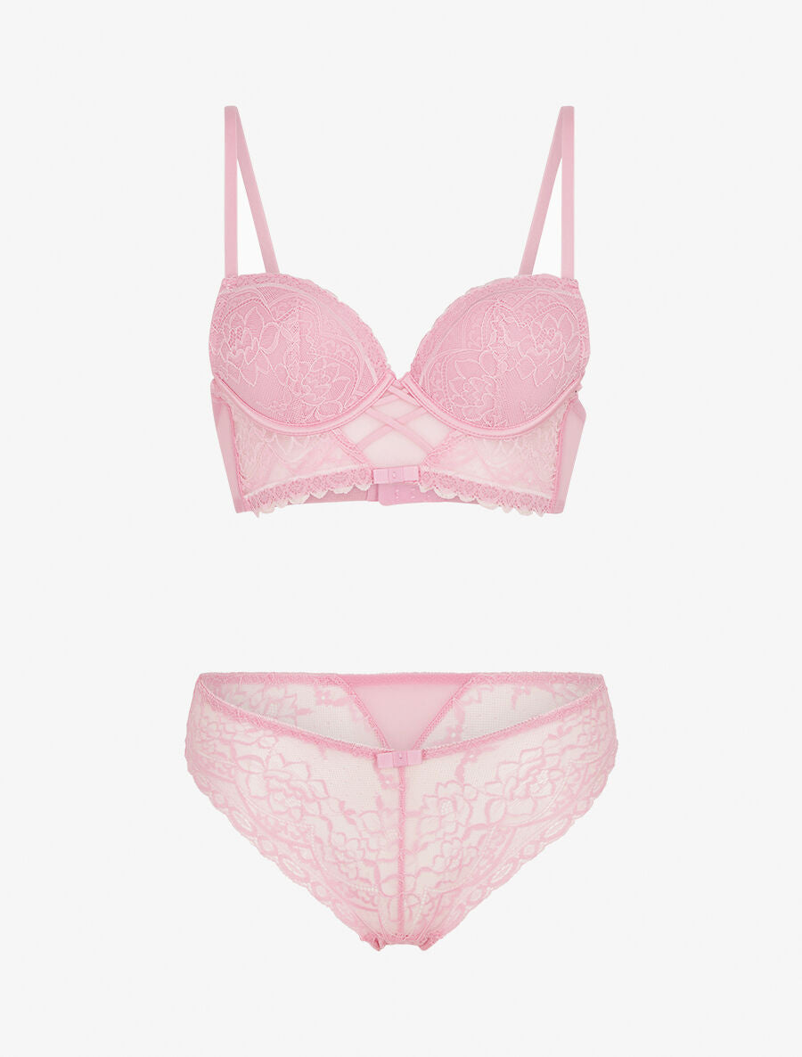 Ensemble soutien-gorge et culotte en dentelle - Rose - 1