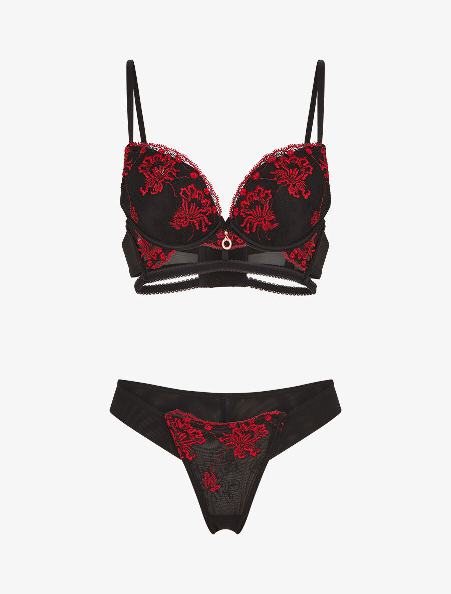 Ensemble soutien-gorge et tanga bicolore et bijoux strassé - Noir - 3