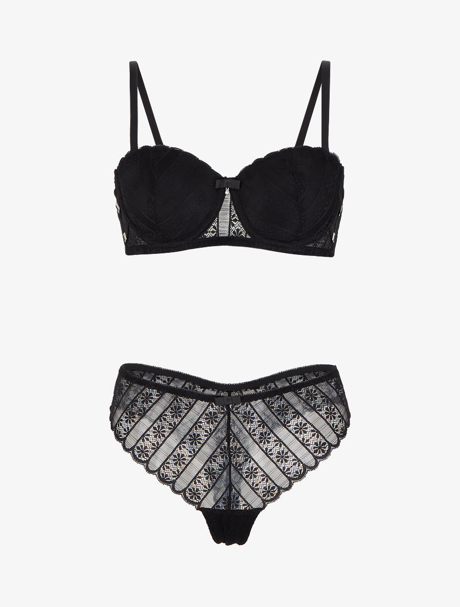 Ensemble soutien-gorge et tanga ajouré en dentelle - Noir - 1