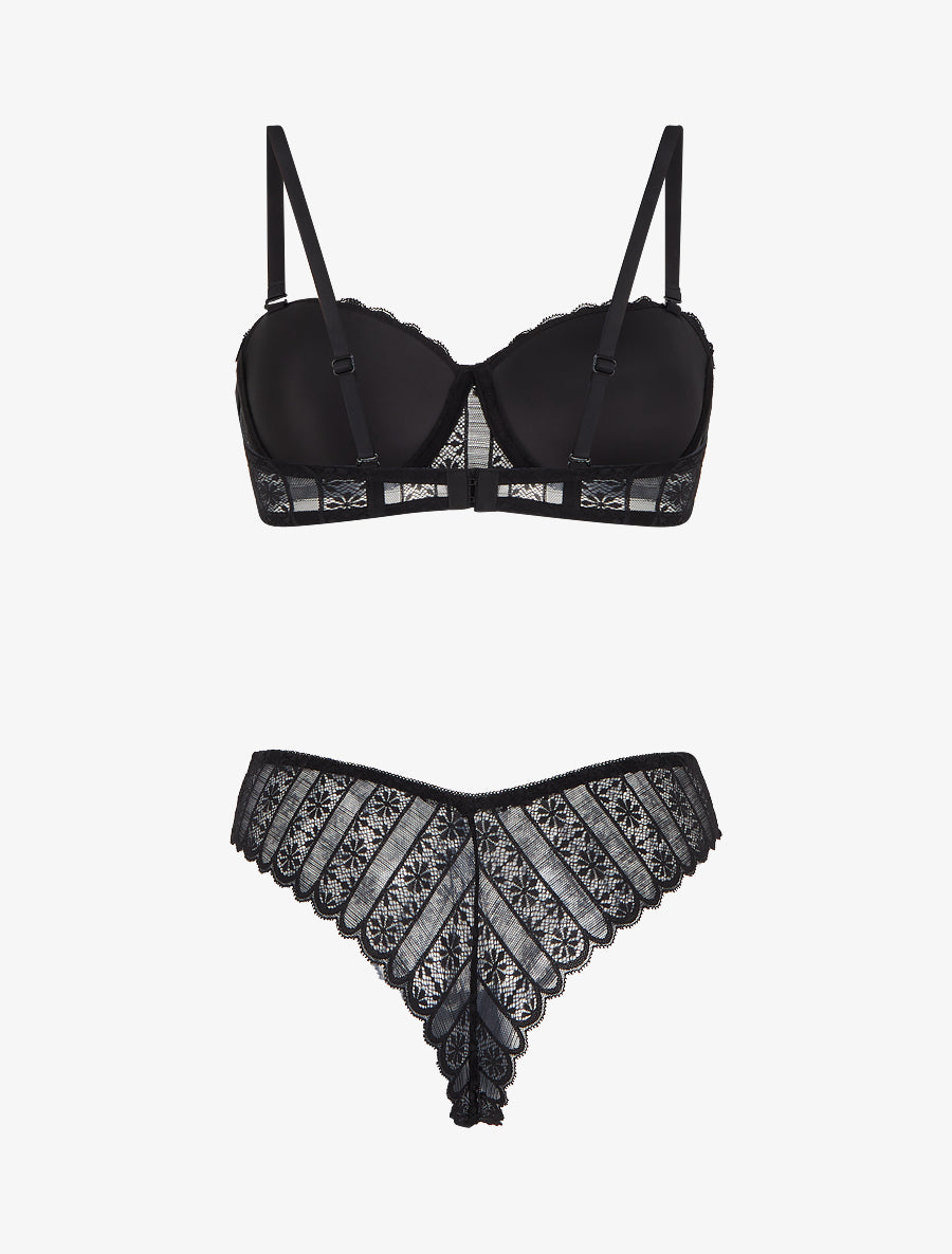 Ensemble soutien-gorge et tanga ajouré en dentelle - Noir - 2