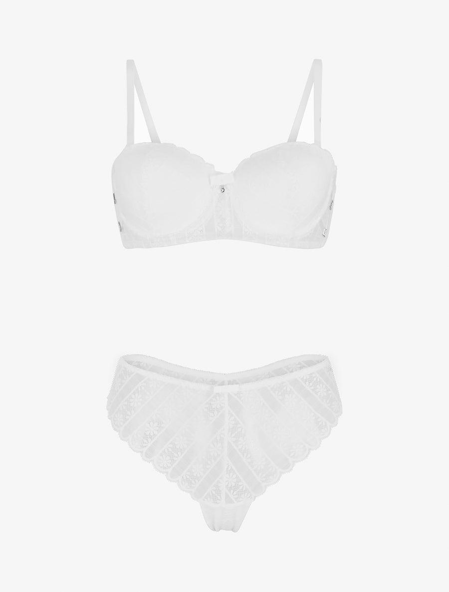 Ensemble soutien-gorge et tanga ajouré en dentelle - Blanc - 1
