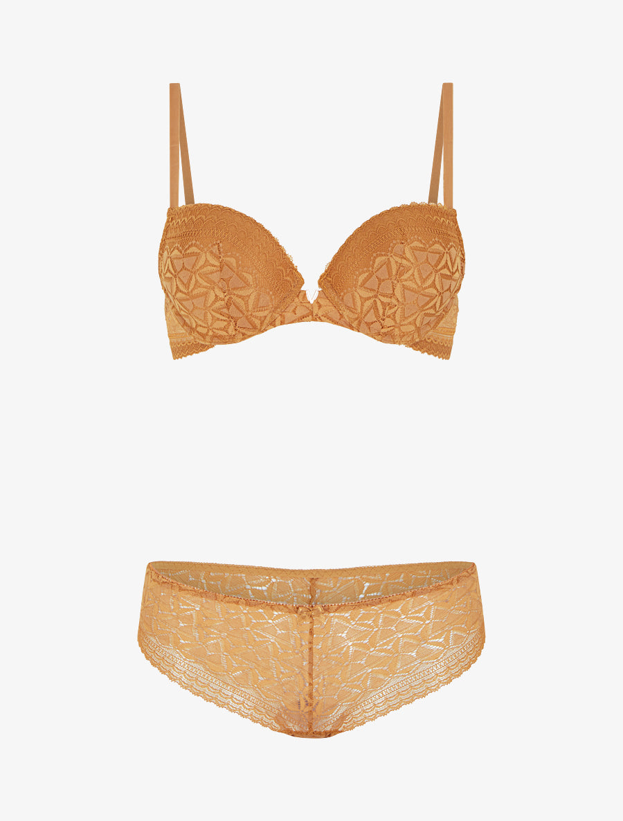 Ensemble soutien-gorge et culotte ajouré et bijou - Camel - 1