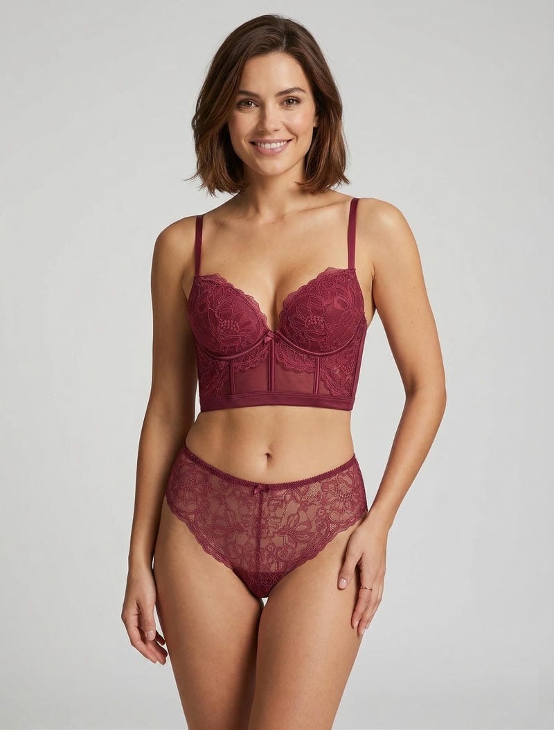Conjunto de lencería estilo corsé con encaje floral - Ciruela