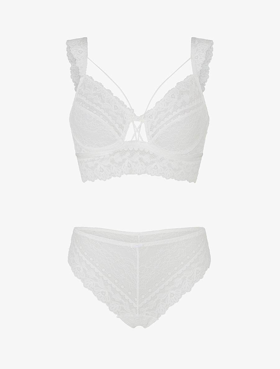 Ensemble lingerie en dentelle à liens - Blanc - 1