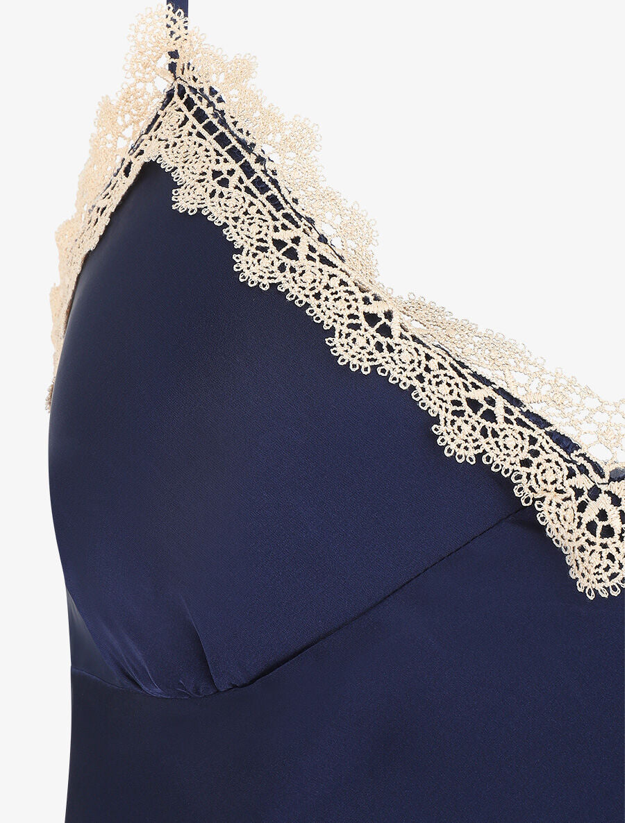 Ensemble caraco et short de pyjama satiné à dentelle - Marine - 3