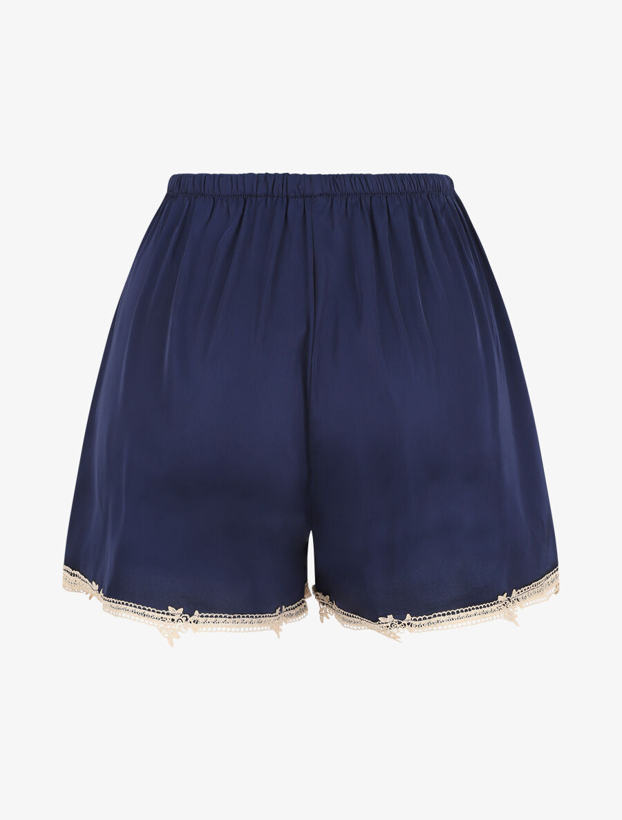 Ensemble caraco et short de pyjama satiné à dentelle - Marine - 5