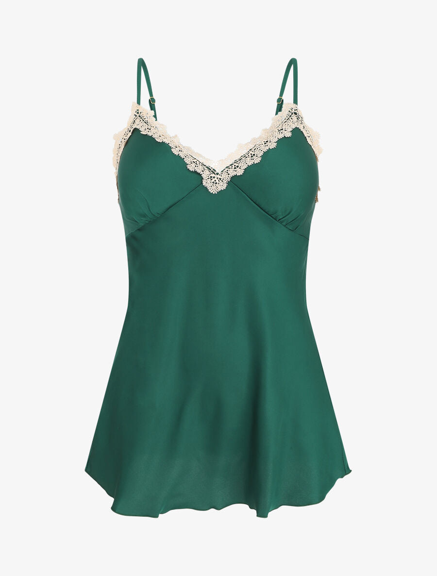Ensemble caraco et short de pyjama satiné à dentelle - Vert foncé - 6