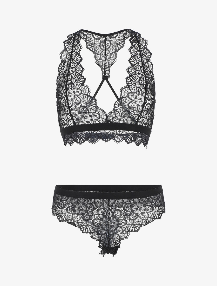 Ensemble soutien-gorge et shorty en dentelle - Noir - 1