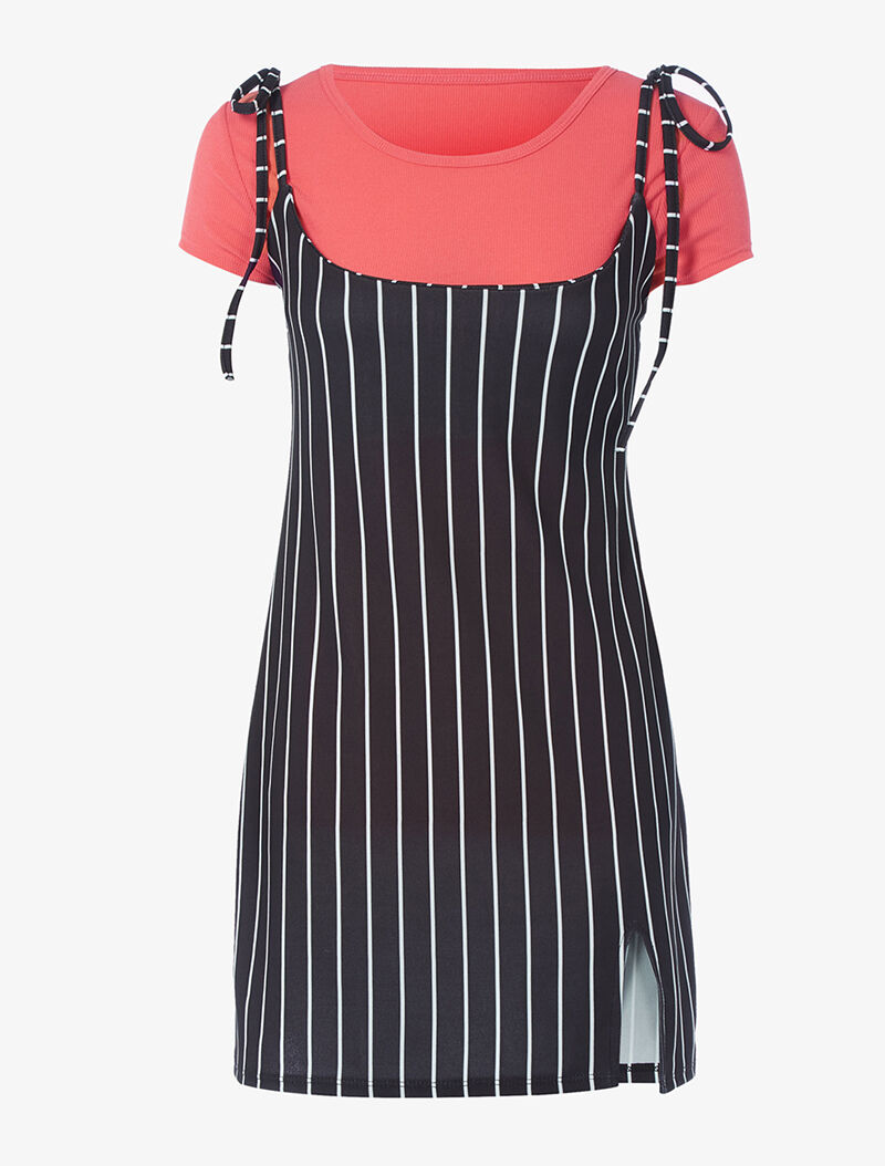 Robe rayée et t-shirt côtelé - corail - 4