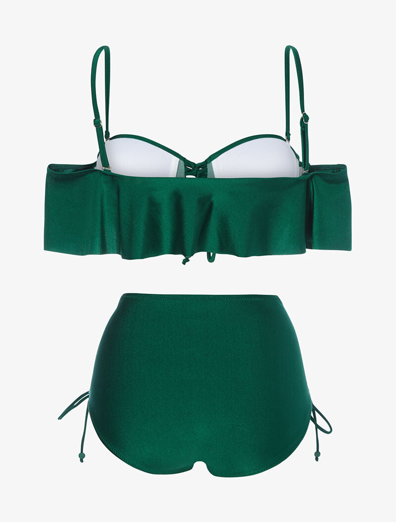 Bikini volanté et taille haute - vert - 2