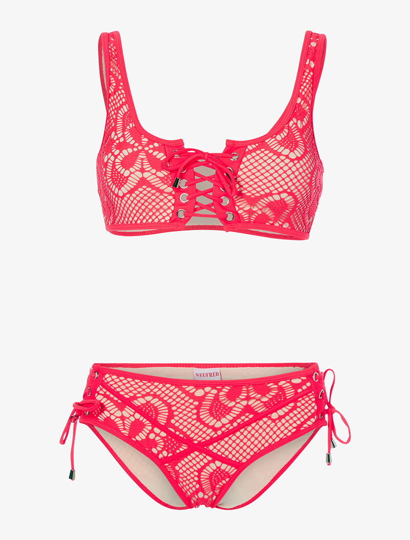 Bikini doublé en crochet - corail fluo/beige - 1