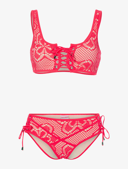 Bikini doublé en crochet - corail fluo/beige - 1