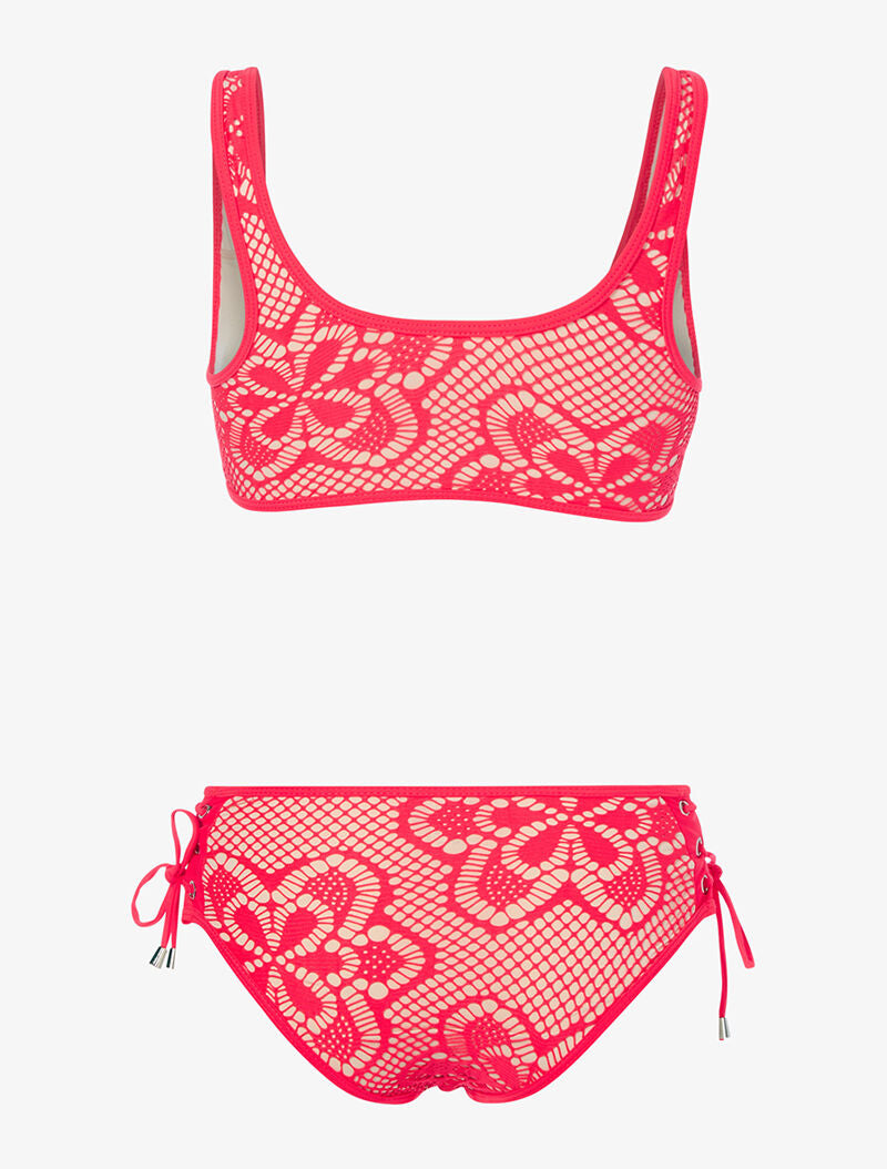 Bikini doublé en crochet - corail fluo/beige - 2
