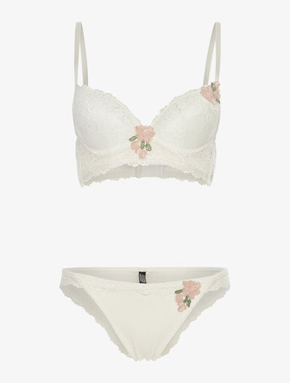 Ensemble SG et tanga empiècement fleurs brodées - blanc - 3