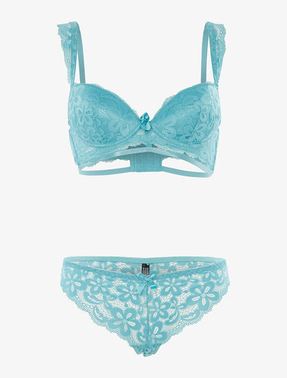 Ensemble en dentelle motifs fleurs - turquoise - 1