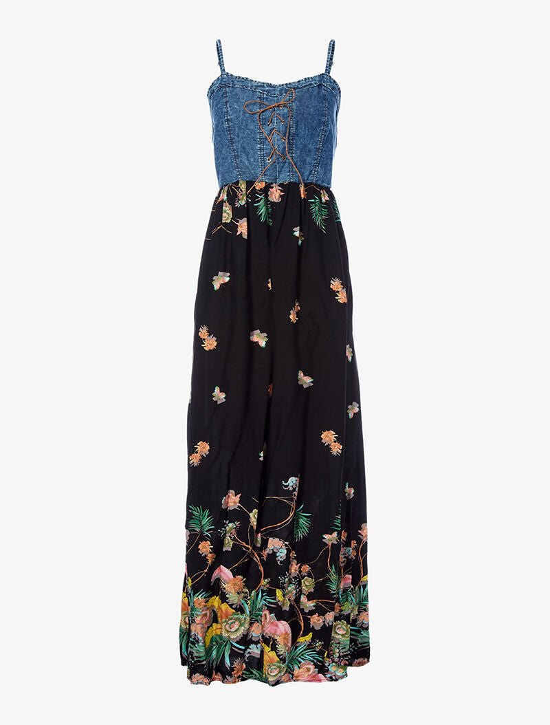 Robe longue imprimé printanier et buste en denim - noir - 1