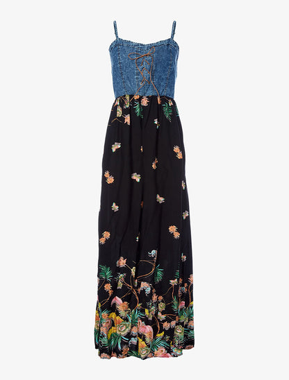 Robe longue imprimé printanier et buste en denim - noir - 1