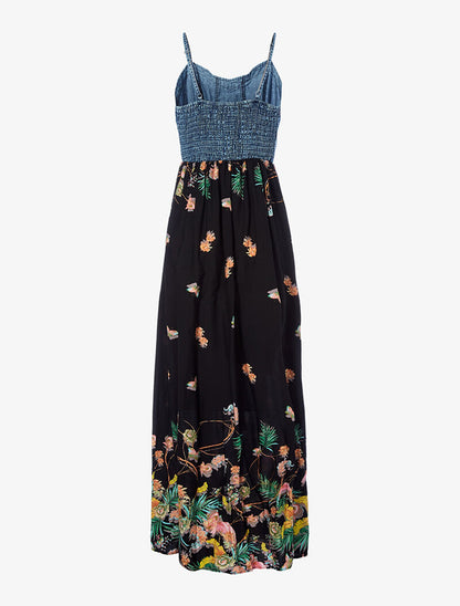 Robe longue imprimé printanier et buste en denim - noir - 2