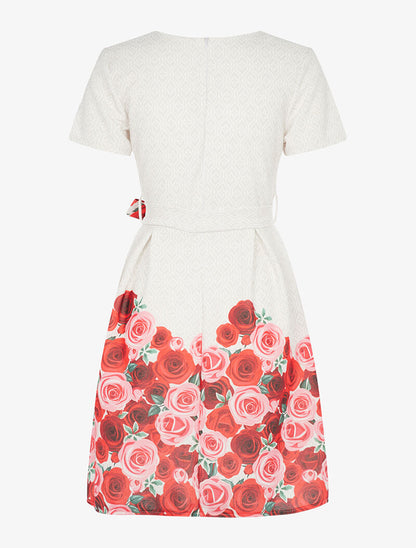 Robe coupe patineuse à imprimé foulard et roses - beige/rouge - 2