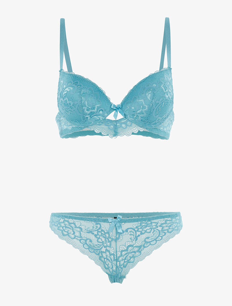 Ensemble en dentelle fine fleurie et tanga - turquoise - 3