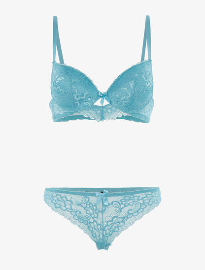 Ensemble en dentelle fine fleurie et tanga - turquoise - 3